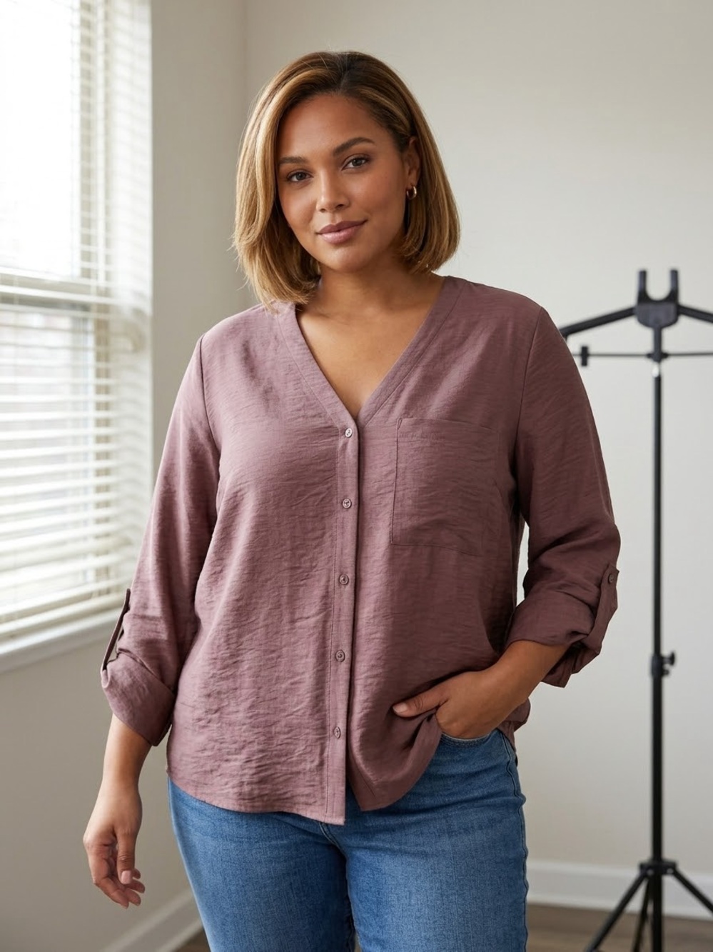 Reitmans Women's Button-Front V-Neck Top in Mauve